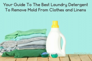 A bottle of DIY laundry detergent to remove mold from clothes and linens. It is next to a pile of clean towels against an aqua background