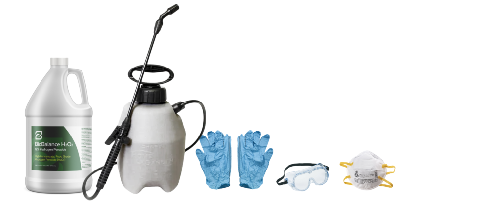 Biobalance hydrogen peroxide mold removal kit with 12% peroxide, a sprayer, gloves, a mask and eye protection. 