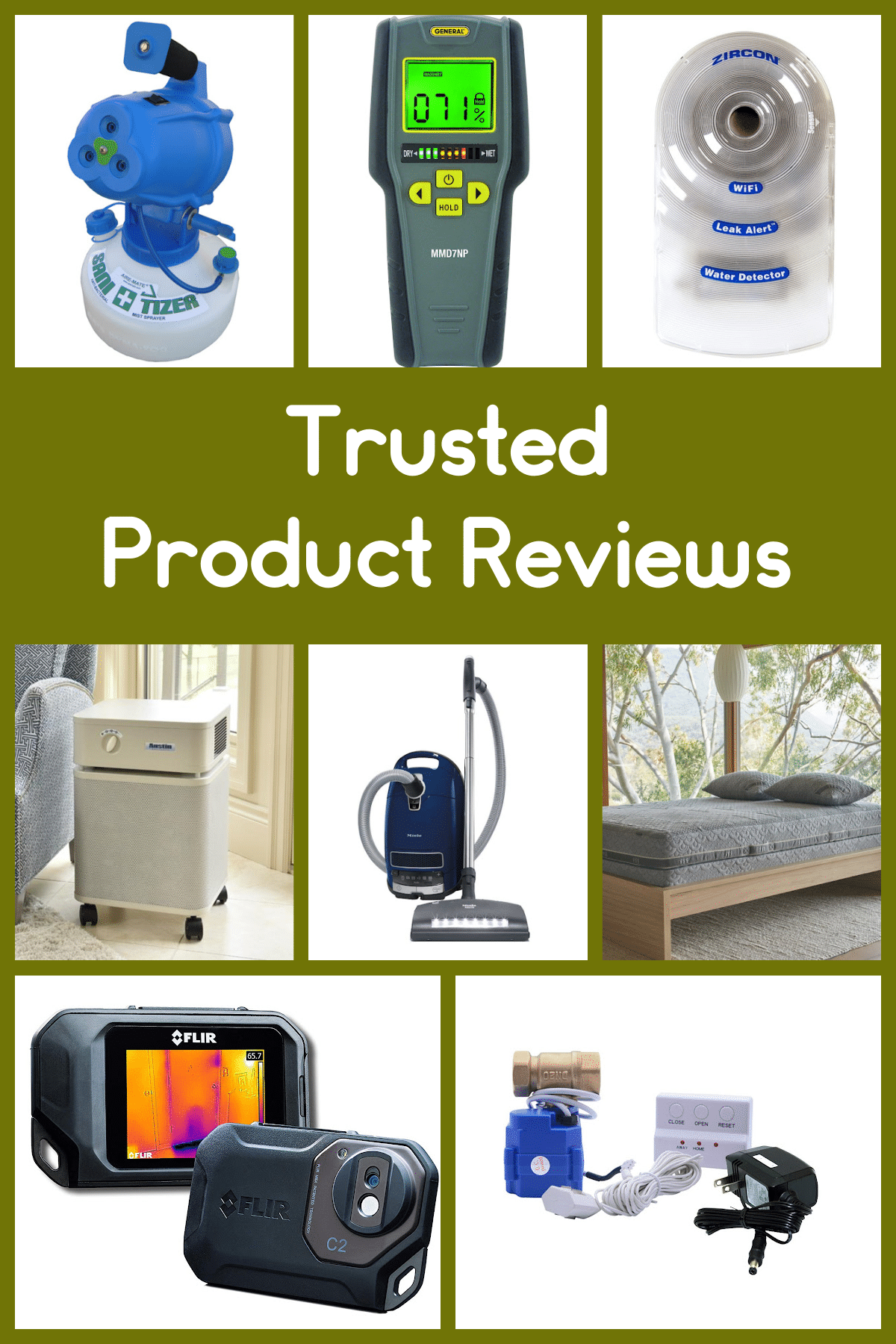 Various mold removal and mold prevention products in a collage style format