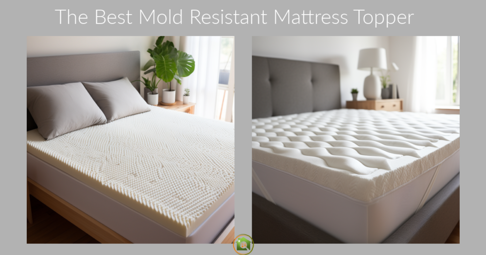 Two different mold resistant mattress toppers on top of mattresses. Beds have grey fabric bedframes.