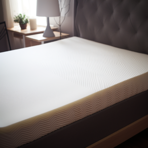 A latex mattress topper on an organic mattress. The bed frame is a dark grey fabric. There is an end table with a white metal lamp on it.