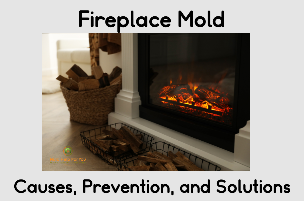 A close up of a fireplace with a fire burning. There is a bucket of freshly cut wood next to it. Illustrating a mold free fireplace.