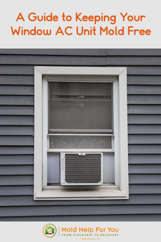 A window AC installed in a window with lots of mold around it. The window frame is painted white. There is medium grey siding on the house.