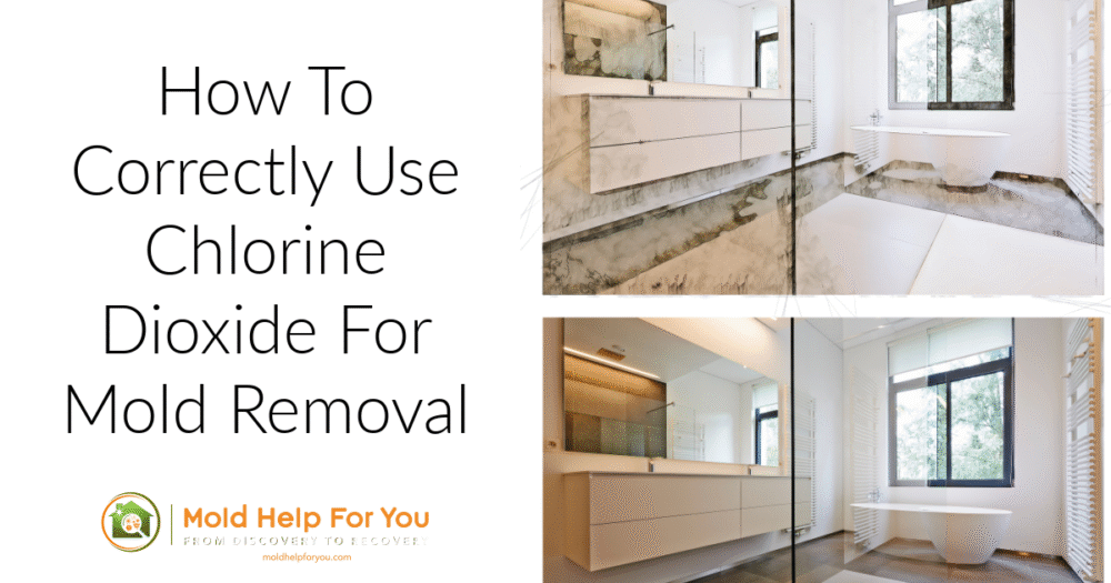 A before and after photo of a bathroom after using chlorine dioxide for mold removal