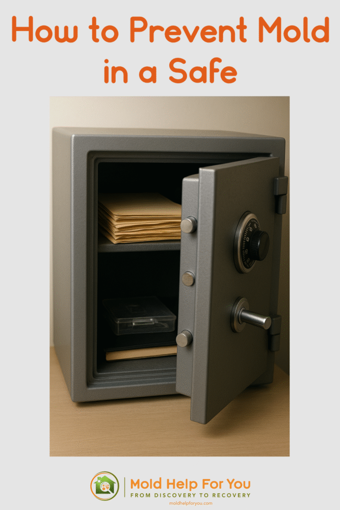 A metal safe partially open with documents inside. There are mold prevention items inside too.