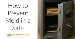 A partially open safe with documents inside. There are also mold prevention items inside.